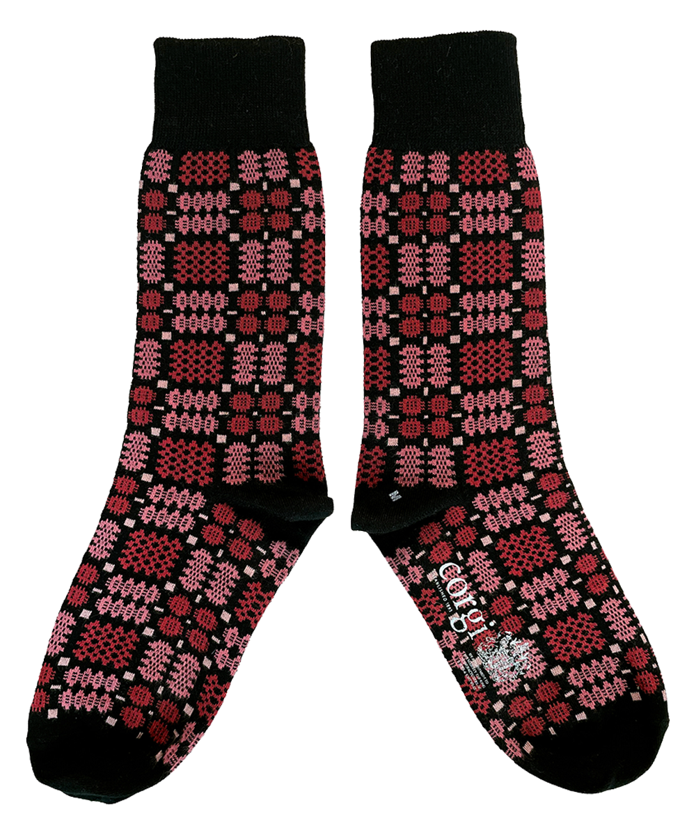 Mabli welsh tapestry pattern socks black pink red