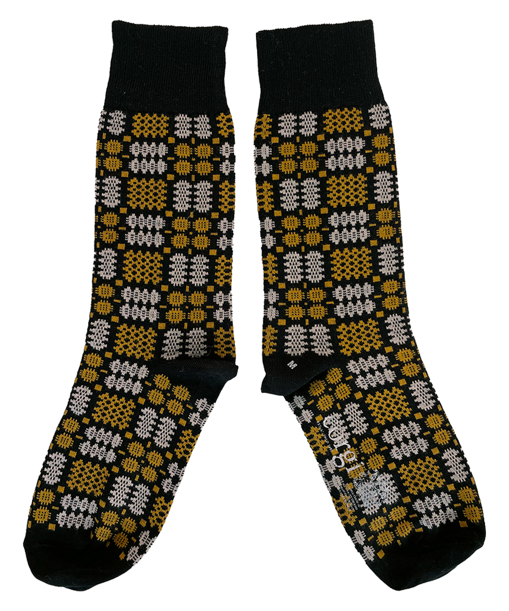 Welsh Tapestry Blanket Pattern Socks in Gold/Soot
