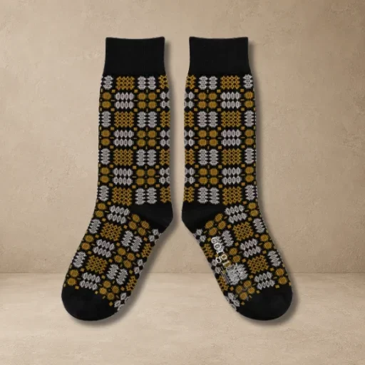 Welsh Tapestry Blanket Pattern Socks in GoldSoot