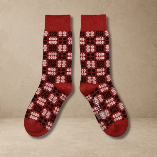 Welsh Tapestry Blanket Pattern Socks in Victorian Red